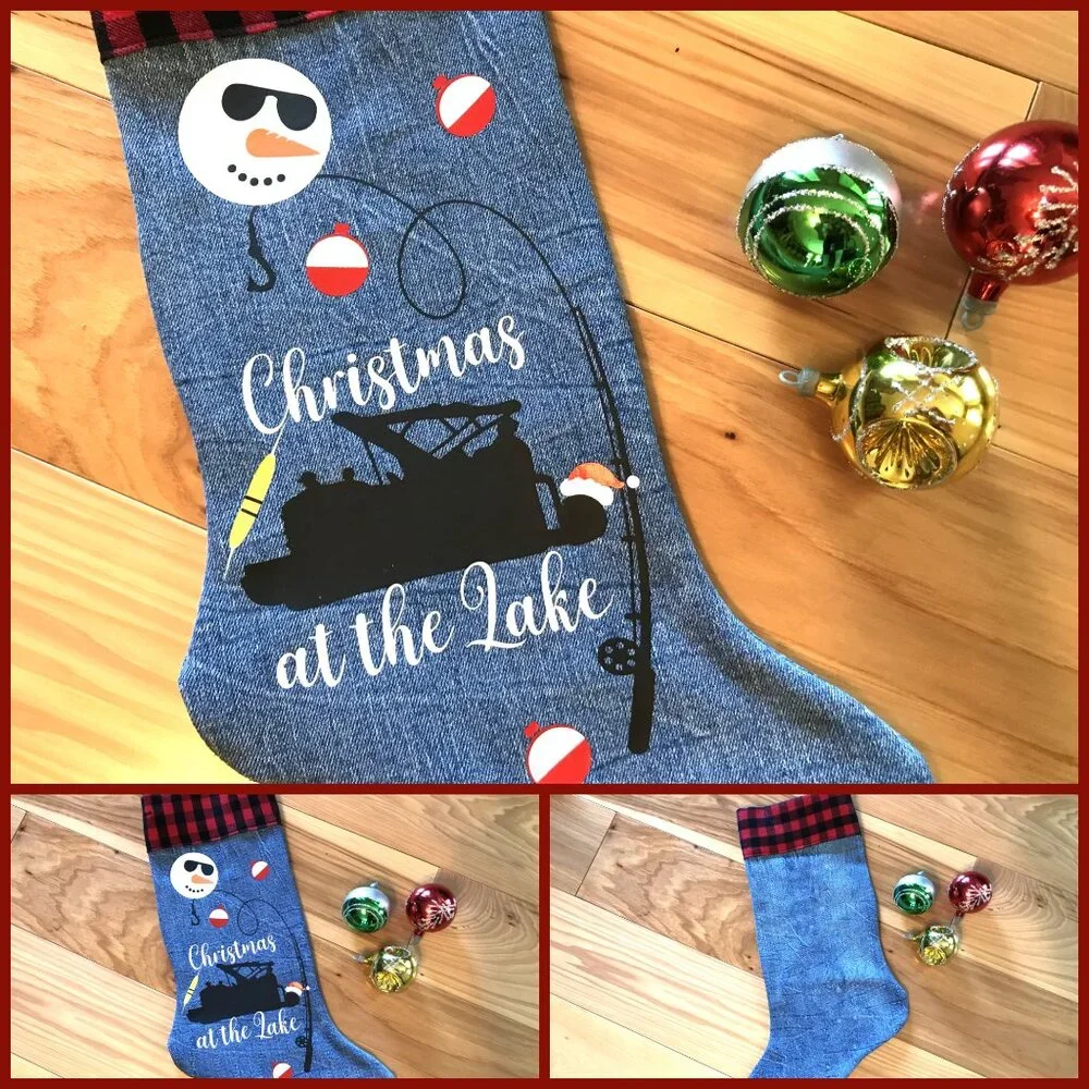 Denim Christmas Stocking, Lake House Fishing Decor Pontoon Boat Snowman